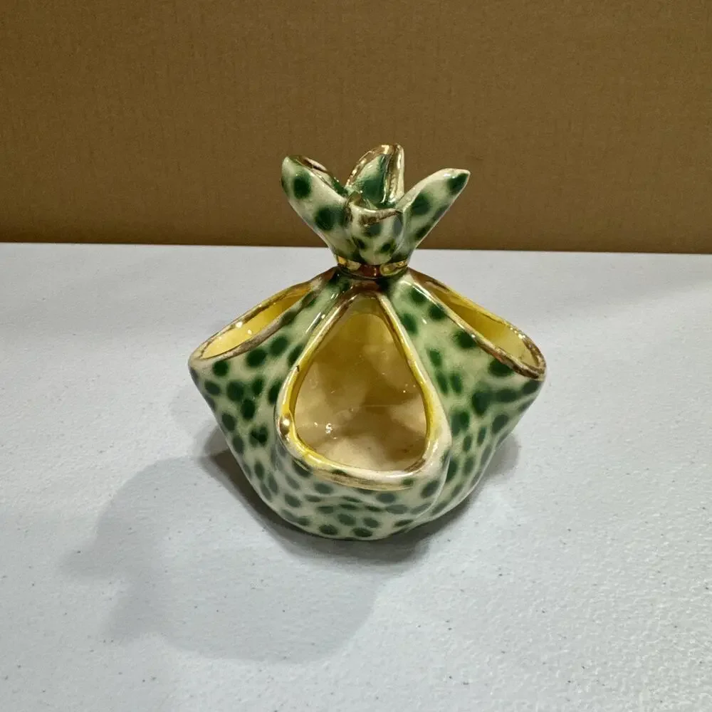VTG Polychrome Enamel Handkerchief Vase Basket Green Dots Mica Italy Small size